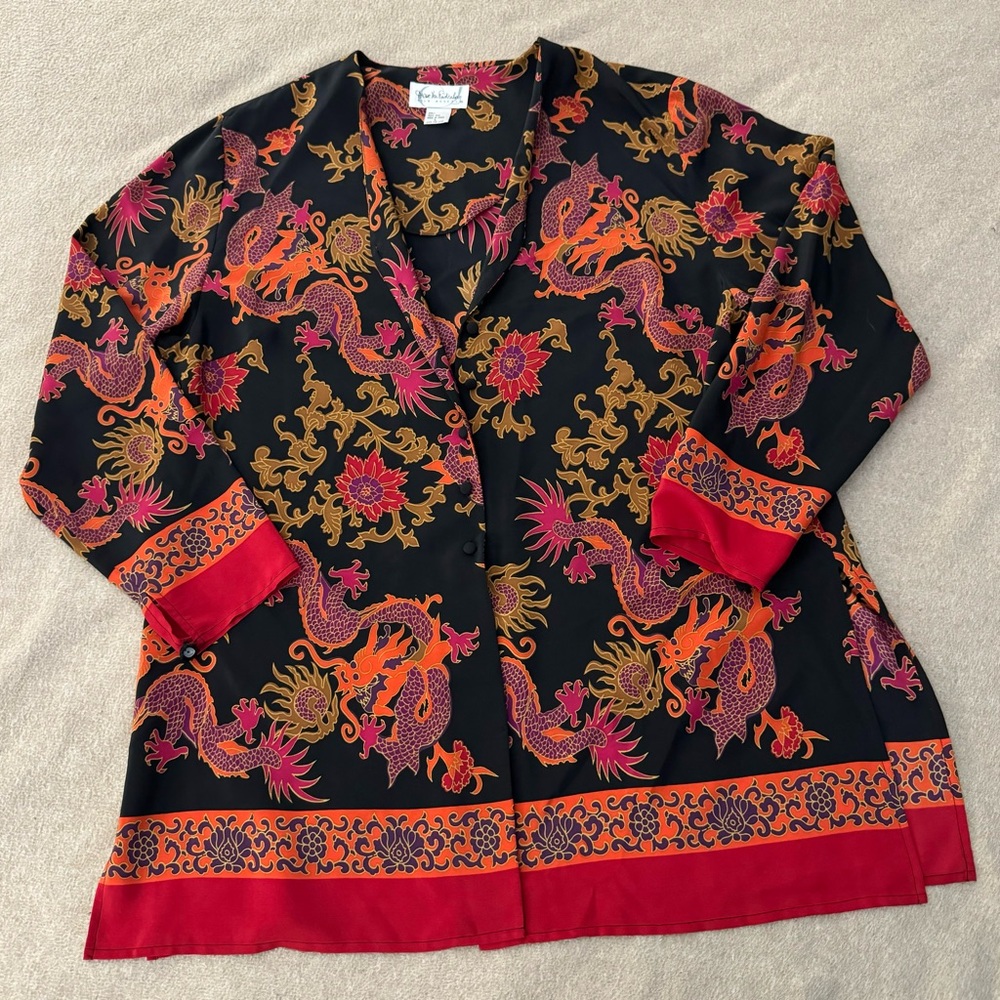 Diane Von Furstenberg Silk Blouse Asian Style Dragon Tunic Shacket Long Sleeve